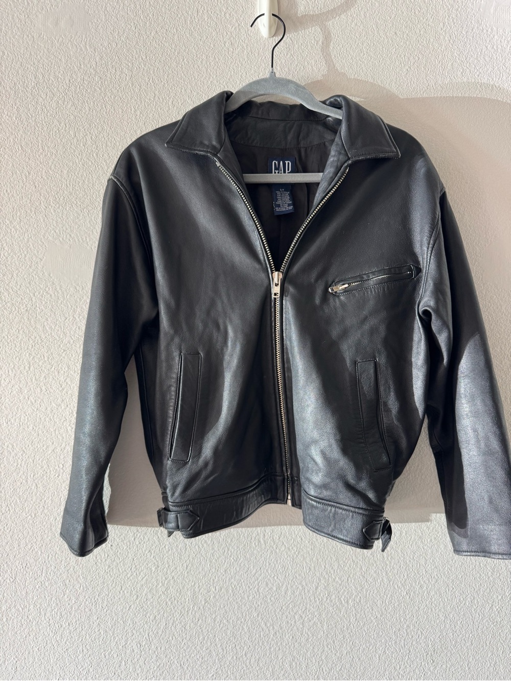 GAP Black Leather Bomber Jacket with Zip Pocket
